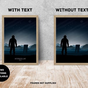 May include: Two framed prints of a silhouette of a person standing in front of a large structure. The print on the left includes the text "Interstellar 2014".