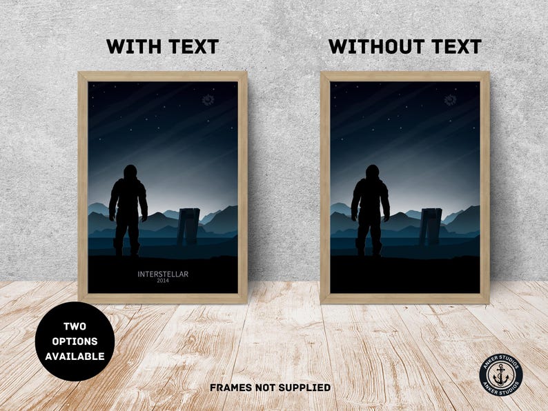 May include: Two framed prints of a silhouette of a person standing in front of a large structure. The print on the left includes the text "Interstellar 2014".