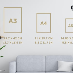 Puede incluir: Tres impresiones art&iacute;sticas enmarcadas en una pared blanca, etiquetadas A3 (29,7 x 42 cm), A4 (21 x 29,7 cm) y A5 (14,85 x 21 cm). Los marcos son de color marr&oacute;n claro. Un sof&aacute; gris y una planta est&aacute;n en primer plano.