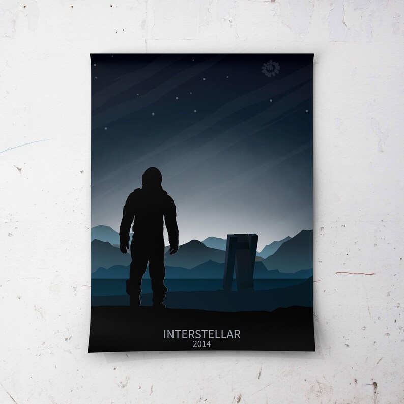 May include: A black and white minimalist poster featuring a silhouette of an astronaut standing on a desolate planet with a large structure in the background. The poster has the text "Interstellar 2014" at the bottom.