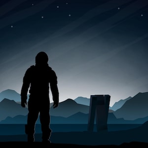 May include: Silhouette of a person in a spacesuit standing in a desolate landscape with a large, rectangular structure in the distance. The sky is dark with stars.