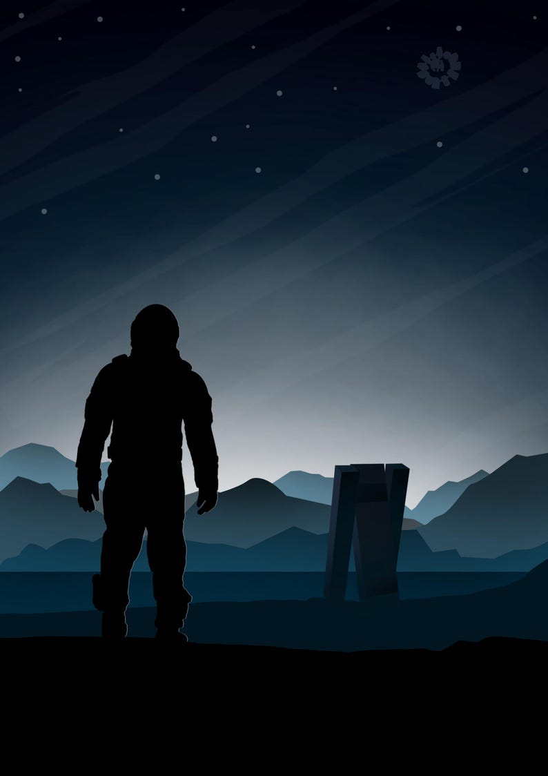 May include: Silhouette of a person in a spacesuit standing in a desolate landscape with a large, rectangular structure in the distance. The sky is dark with stars.