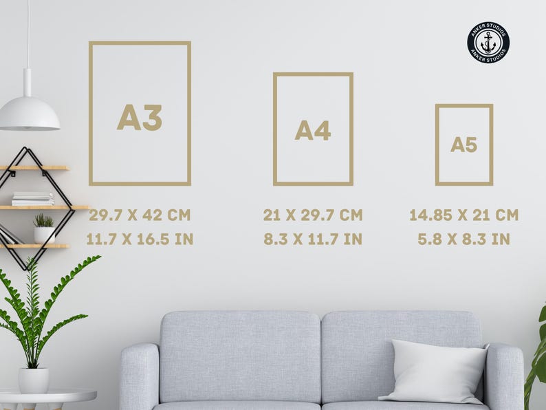 May include: A chart showing the different sizes of paper, A3, A4, and A5, with their dimensions in inches and centimeters.
