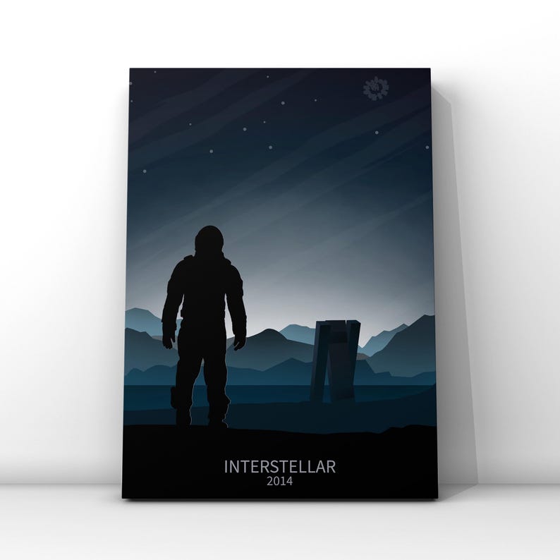 May include: A black and white silhouette of an astronaut standing in a dark, starry landscape with a large, rectangular structure in the background. The text "INTERSTELLAR 2014" is at the bottom of the image.