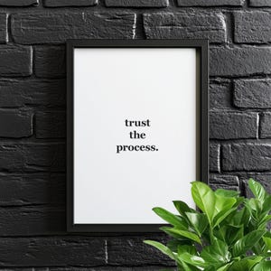 Op de afbeelding: Een zwarte lijst met een print met de tekst "trust the process" in zwarte letters op een witte achtergrond. De lijst staat tegen een zwarte bakstenen muur. Een groene plant staat rechtsonder.