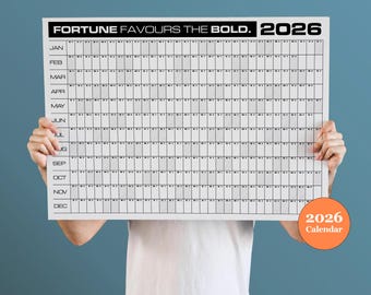 Fortune Favours The Bold , 2026 Block Year Planner, 2026 Wall Calendar, Monthly Planner, A1 Landscape, Office, Gym Tracker, Goal, Habit