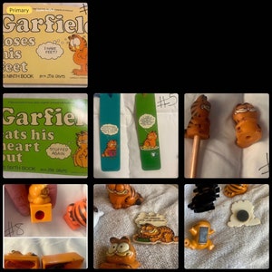 Materiały biurowe/szkolne z kolekcji Garfield, torba, nakładki na ołówki, pluszowy Garfield z 1990 r., książki, spinacz do papieru WYBIERZ JEDEN ZESTAW, zobacz