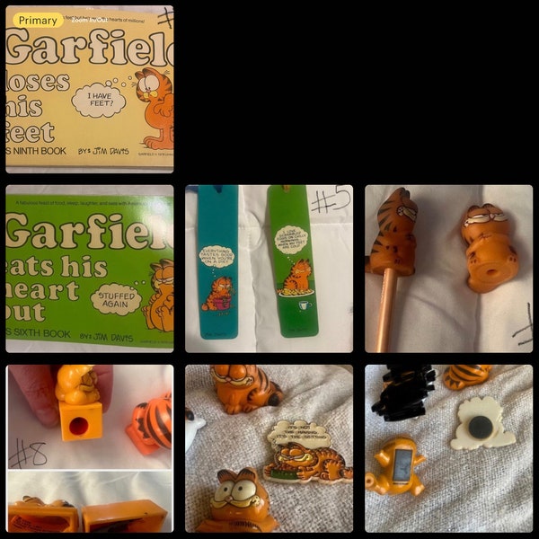 Vintage Garfield office/ school supplies, bag, pencil toppers, class of 1990 plush Garfield, books, paper clip CHOOSE ONE SET please see