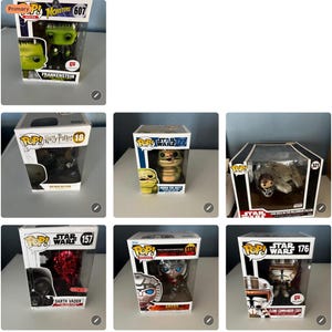 May include: Collection of Pop! vinyl figures in their original boxes. Includes Frankenstein, a Harry Potter figure, a Star Wars figure of Darth Vader, and others. Each figure is in a clear plastic display case.