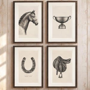 Conjunto de 4 pôsteres equestres atemporais para parede, sem moldura; Conjunto de quatro elegantes pôsteres equestres.