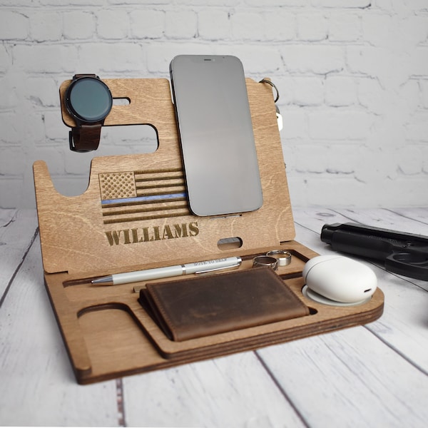 Police Officer Phone Charging Docking Station with gun holder, Desk Organizer, for iPhone and Android, Fathers Day gift, Christmas gift