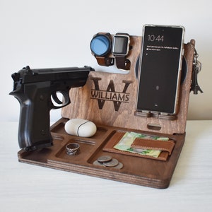 Wireless Phone Charger Docking Station with gun holder, Desk Organizer, Qi Charge Pad is included, for iPhone and Android, Fathers Day gift