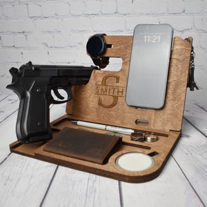 Christmas Gift, Phone Charging Docking Station with gun holder, Desk Organizer, for iPhone and Android, Fathers Day gift, Nightstand docking