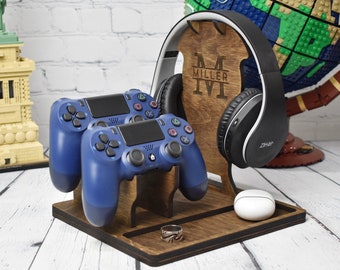 Auriculares de madera y soporte del controlador, regalo personalizado, soporte para auriculares, auriculares y soporte para controlador de juegos, regalo de Navidad para jugadores