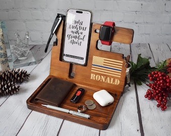 Personalized Wooden Docking Station, Christmas gift for him, Dad Gift, GrandPa Gift, Police Officer Gift, Tech Gift, Catch all Tray