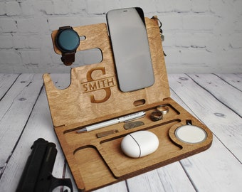 Personalized Phone Charging Docking Station with gun holder, Desk Organizer, for iPhone and Android, Optional wireless charging pads