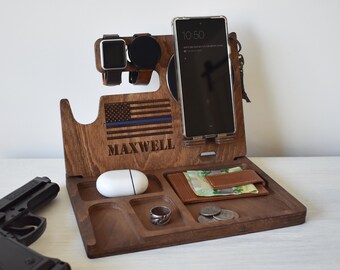 Police Officer Wireless Phone Charger Docking Station with gun holder, Desk Organizer, Fast Wireless charging pad is included, Father's Day