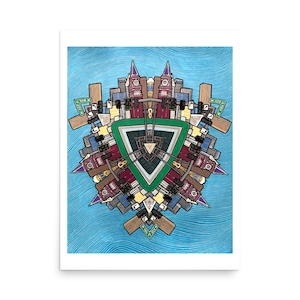 May include: A colourful illustration of a city skyline with a triangular design in the centre. The city is depicted in a kaleidoscope pattern with buildings, streets, and traffic lights. The background is a blue and white wavy pattern.
