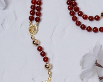 Rosario de granate Sanguis Christi / Rosario católico, cuentas de oración, rosario de jade rojo bañado en oro, Virgen María