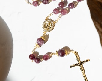 Rosario de Cuaresma / Rosario católico morado amatista bañado en oro de 18 quilates, Virgen María, Crucifijo
