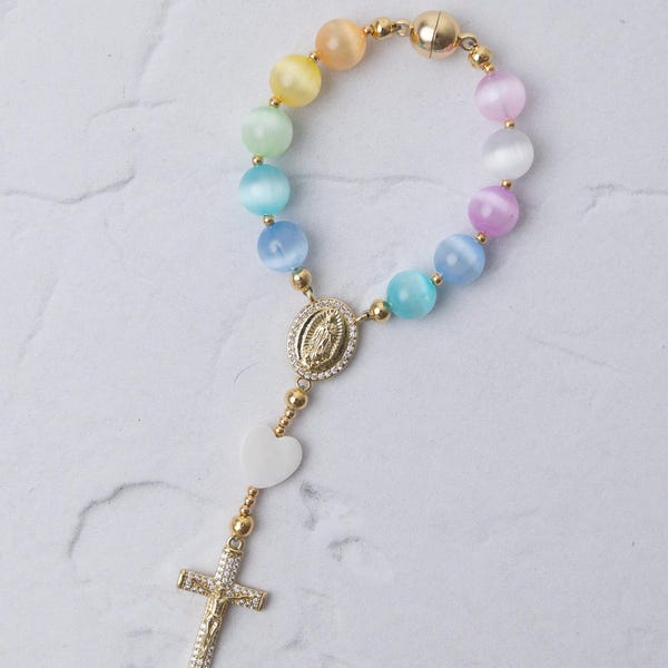 Rainbow Car Rosary, Our Lady of Guadalupe Rosary, Single Decade Rosary, Catholic Car Charm, Rearview Mirror Rosary, Catholic Gift for Women