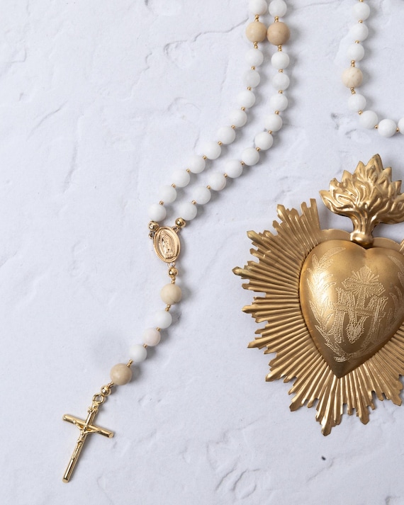 Immaculata Rosary - White Jade & Fossil Jasper Marian Rosary, Catholic Rosary w/ 18K Gold Plated Crucifix + Center, Handmade Heirloom Rosary
