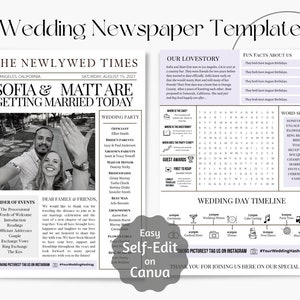 Programa de boda en formato periódico / Idea divertida para un programa de boda / Edición en Canva / Programa de boda imprimible / Periódico para recién casados / Impresiones divertidas para bodas