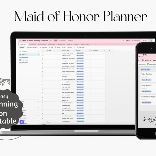 Maid of Honor Planner | MOH Organizer | Bachelorette and Bridal Shower Planning Spreadsheet | Unique Wedding Planner | Stylish&Chic Wedding