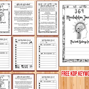 May include: A black and white illustration of a journal cover with the text "369 Manifestation Journal" and the words "This book belongs to" in a blank space below. The illustration features a stylized human head with a brain inside, surrounded by flowers and leaves.