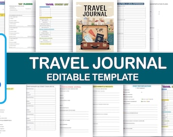 May include: A printable travel journal template with a colorful suitcase illustration. The template includes sections for trip planning, itinerary, packing checklist, cultural experiences, transportation, and post-trip reflection.