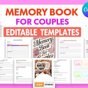 May include: A collage of images showing printable templates for a memory book for couples. The templates include sections for "Our Love Story", "Memories Section", "Milestones", and "Daily Planner for Couples". The text "MEMORY BOOK FOR COUPLES EDITABLE TEMPLATES" is displayed in large, bold letters at the top of the collage.