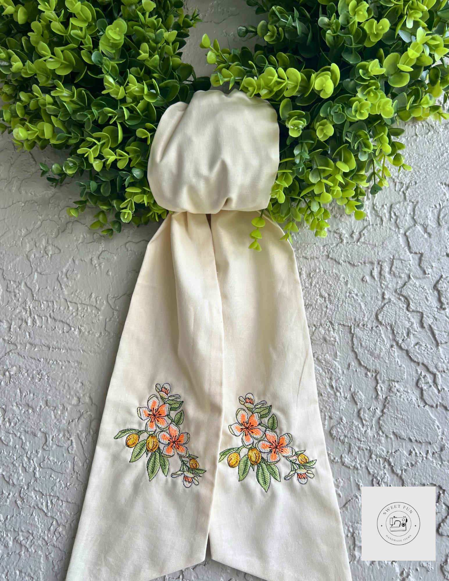 Embroidered Floral Wreath Sash Spring/Summer Front Door Wreath Decor/ Door Scarf/ Gift for Mom/Gift for MIL/Home Decor/ Orange Blossom