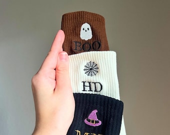 Personalized Halloween Socks Monogrammed Initials Fall Autumn Holiday Spider Web Witches Hat Ghost Embroidered Pilates Socks Grip Barre