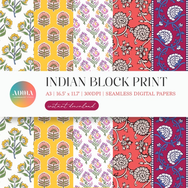 Indian Print Digital Paper | Seamless Pattern | Digital Download | Scrapbook papers | Pack of 5, A3 | Indian Block Print | Gift Wrapping