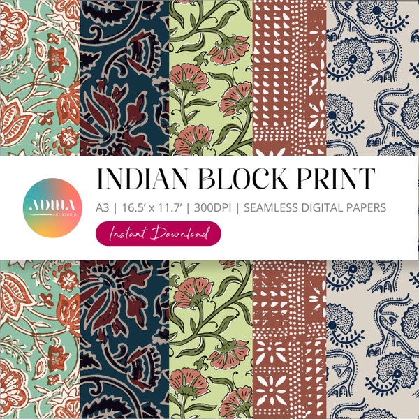 Indian Block Print Set 2 | Seamless Pattern | Digital Download | Scrapbook papers | Pack of 5, A3 | Digital Papers| Gift Wrapping