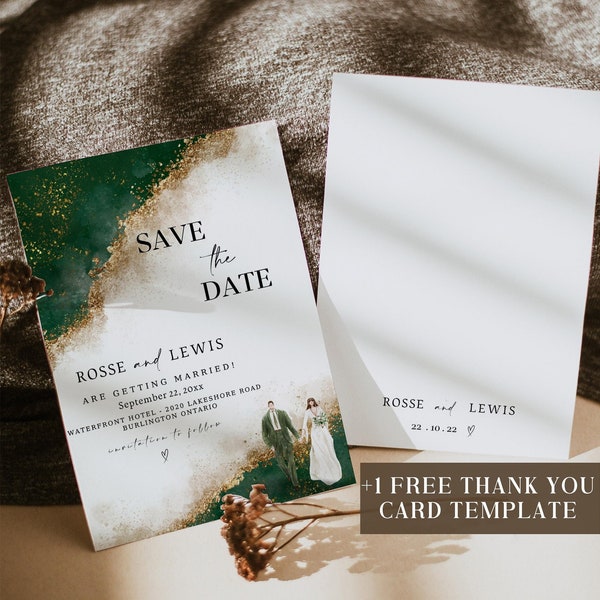 Emerald Watercolor Save the Date Template, Printable Hunter Green & Gold Wedding Save Date, Editable Save Our Date, Instant Download,