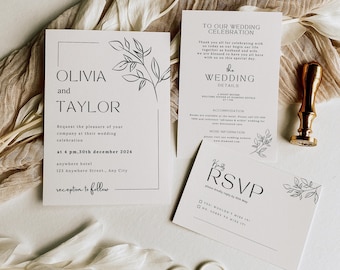 Minimalist Wedding Invitation Template Set, Wedding Invitation Template Download, Editable Modern Wedding Invite, Instant Download, #OLIVIA