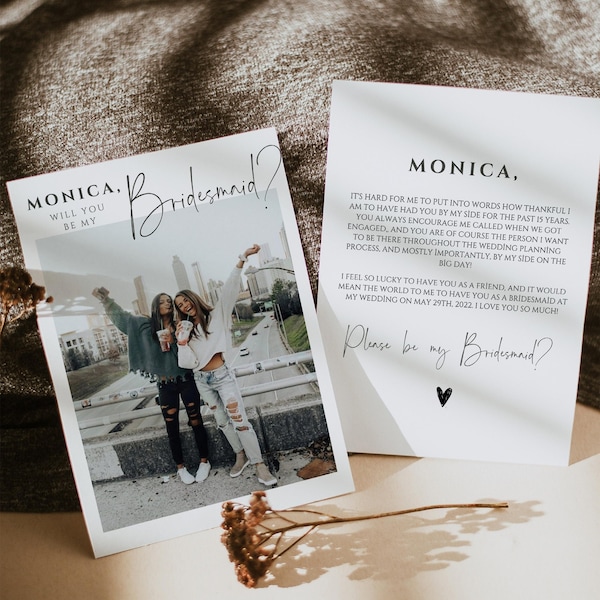 MONICA | Photo Bridesmaid Proposal Card Template, Bridesmaid Proposal Card, Bridesmaid Proposal Template Modern Maid Of Honor Proposal Card