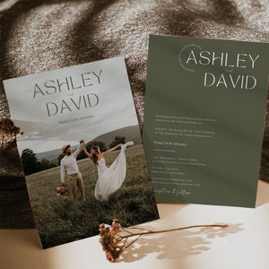 ASHLEY - Minimalistische Hochzeitseinladungsvorlage | Olivgrüne Hochzeitseinladung | Moderne salbeigrüne Hochzeitseinladung | Foto Hochzeitseinladung #A6