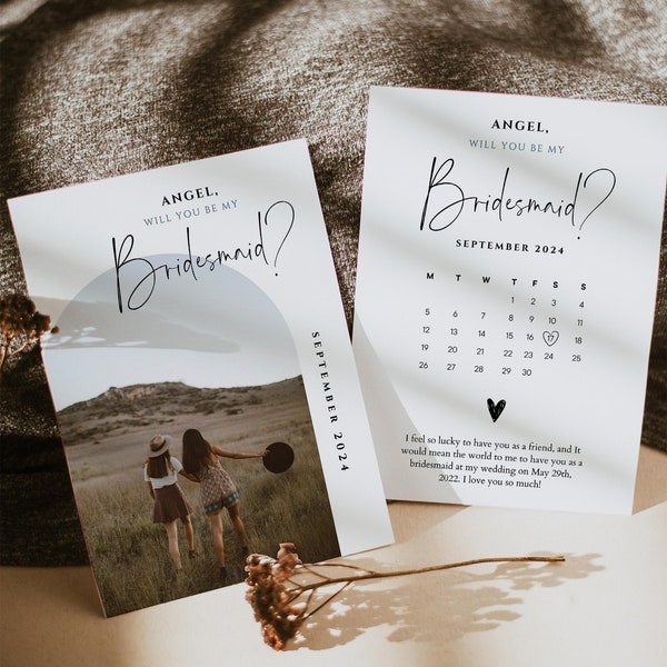 Photo Arch Calendar Proposal Card Template, Canva, Will You Be My Bridesmaid Card With Picture, Proposal Box, Personalized #A1