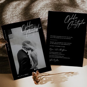 Schwarze moderne Foto-Hochzeitseinladungs-Set, doppelseitige moderne Hochzeitseinladung, bearbeitbare Vorlage, sofortiger Download, druckbare Einladungskarte, #OLIV