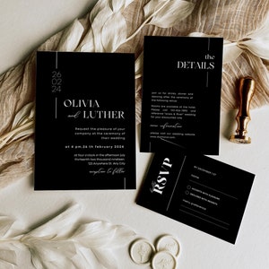 Schwarze Hochzeitseinladungs-Reihe, Schwarz-Weiß-Hochzeitseinladungs-Set, minimalistisch, moderne bearbeitbare Vorlage, SOFORTIGER Download - OLIVIA