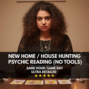 May include: A woman with curly brown hair and layered necklaces is centered in front of a table with tarot cards. The image has text that reads: "NEW HOME / HOUSE HUNTING PSYCHIC READING (NO TOOLS) SAME HOUR/SAME DAY ULTRA DETAILED."