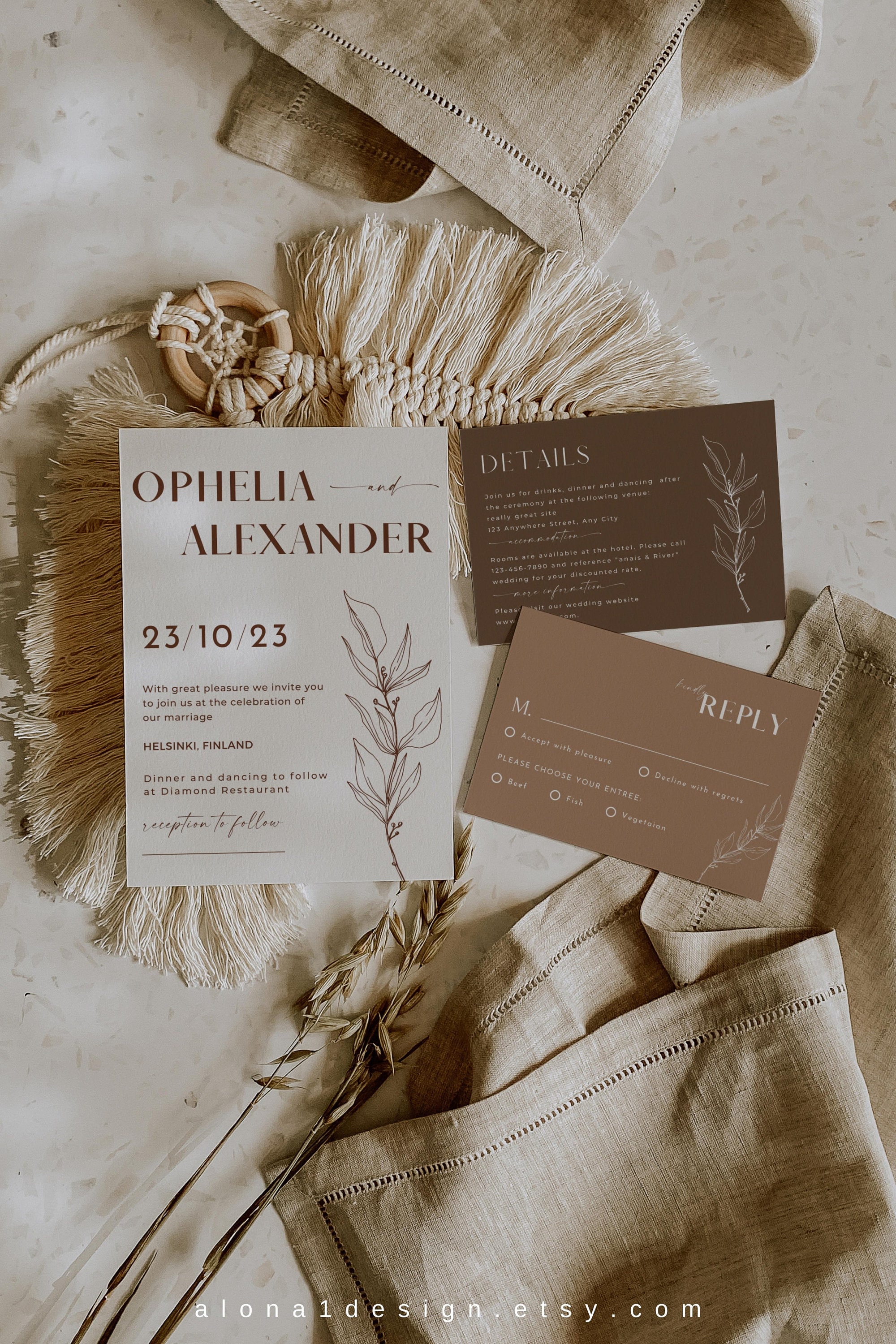 OPHELIA Wedding invitation terracotta beige Wedding invitation set boho Invitation template Instant download M6