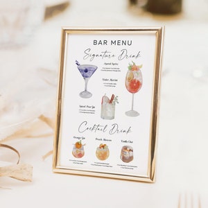Szablon menu baru, nowoczesny edytowalny szablon menu drinków, minimalistyczne menu baru do druku, znak Signature Drinks, ponad 100 obrazów drinków, zieleń
