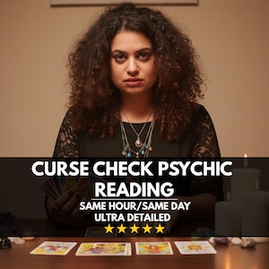 May include: A woman with curly brown hair and a black top is featured in this image. Text on the image reads "CURSE CHECK PSYCHIC READING" with additional text below. Tarot cards are visible on the table. The image has a warm, inviting color palette.