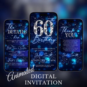 Invitation vidéo fête 60e anniversaire bleu argent, carte électronique d'invitation 60e anniversaire glam, Evite animée losanges argent noir, itinéraire modifiable