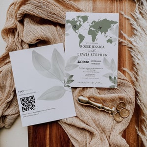 Reisethema Hochzeitseinladung, bearbeitbare Hochzeitsweltkarteneinladungsvorlage, anpassbare Weltkarte QR-Code-RSVP-Karte, Winterhochzeitseinladung