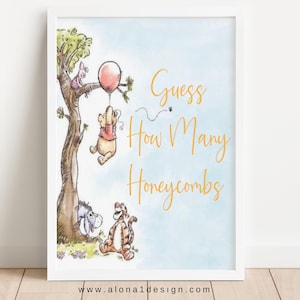 MODIFICABILE Quanti segni e carte di gioco a nido d'ape, classico segno di Winnie The Pooh, segno da tavolo stampabile, decorazioni per segni di festa, stampa, WTP
