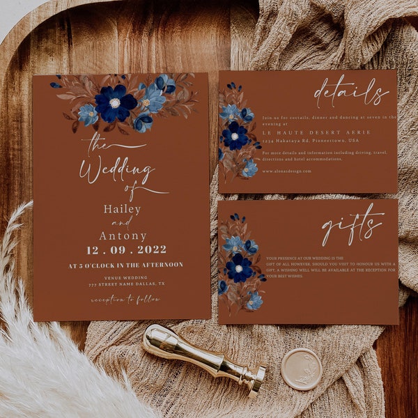 Terracotta wedding invitation, rust wedding Template Download, orange and blue wedding invite, rust wedding, boho invite, LYDIA NAVY